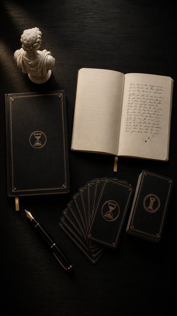 Il quaderno chiuso e le carte a ventaglio su una scrivania scura, illuminati da un fascio di luce radente.