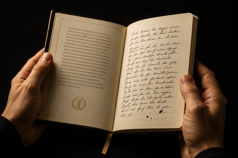 Due mani reggono un quaderno aperto, la pagina di destra scritta a mano. Nessun volto nell’inquadratura.